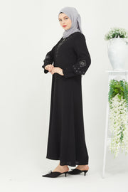 Abaya à doubles manches brodées sur le devant Noir | 2058-1