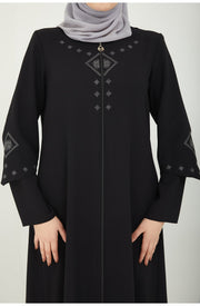 Abaya à doubles manches brodées sur le devant Noir | 2058-1
