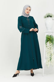 Abaya à doubles manches brodées sur le devant bleu pétrole | 2058-26 