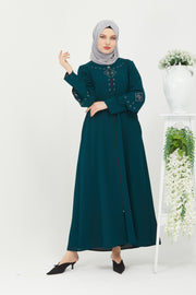 Abaya à doubles manches brodées sur le devant bleu pétrole | 2058-26 