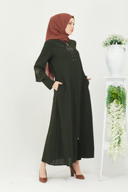 Abaya à doubles manches brodées sur le devant kaki | 2058-9