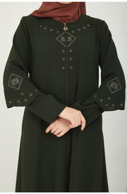 Abaya à doubles manches brodées sur le devant kaki | 2058-9