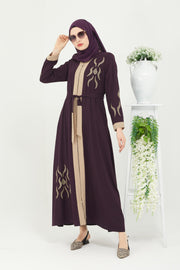 Embroidered and detailed stone abaya, Plum color | 2059-8