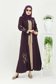 Abaya en pierre brodée et détaillée, couleur mauve | 2059-8