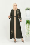 Nakış ve Taş Detaylı Abaya Ferace Haki | 2059-9