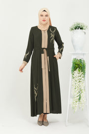 Embroidered and detailed stone abaya, khaki color | 2059-9