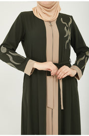 Embroidered and detailed stone abaya, khaki color | 2059-9