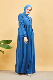 Wide pleated abaya and elastic sleeves, İndigo color | 2061-6
