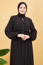 Abaya plissée large et manches élastiques, couleur Noir  | 2061-1