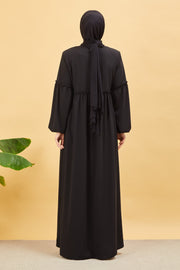 Abaya plissée large et manches élastiques, couleur Noir  | 2061-1