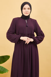  Abaya plissée large et manches élastiques, couleur aubergine  | 2061-8