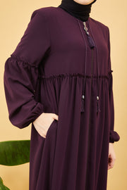  Abaya plissée large et manches élastiques, couleur aubergine  | 2061-8