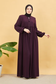  Abaya plissée large et manches élastiques, couleur aubergine  | 2061-8