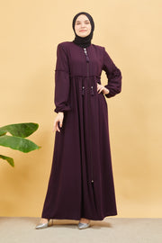  Abaya plissée large et manches élastiques, couleur aubergine  | 2061-8