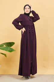  Abaya plissée large et manches élastiques, couleur aubergine  | 2061-8