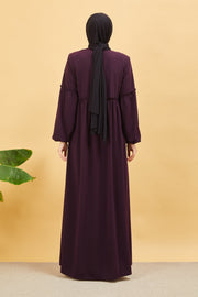  Abaya plissée large et manches élastiques, couleur aubergine  | 2061-8