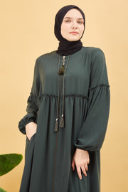 Abaya plissée large et manches élastiques, couleur kaki  | 2061-9