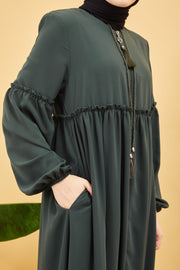 Abaya plissée large et manches élastiques, couleur kaki  | 2061-9
