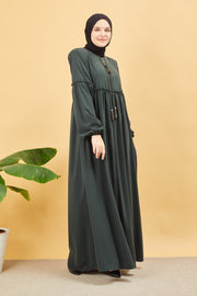 Abaya plissée large et manches élastiques, couleur kaki  | 2061-9