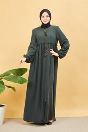 Abaya plissée large et manches élastiques, couleur kaki  | 2061-9