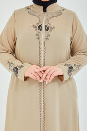 Abaya big size, with embroidered stones on the neck and sleeves,beige | 2063-33