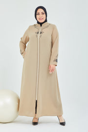 Abaya big size, with embroidered stones on the neck and sleeves,beige | 2063-33