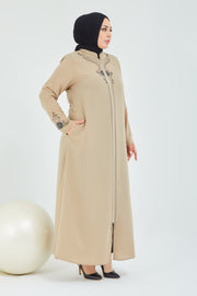 Abaya big size, with embroidered stones on the neck and sleeves,beige | 2063-33