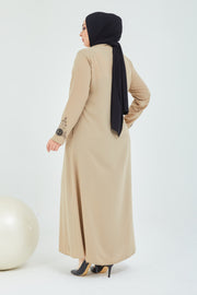 Abaya big size, with embroidered stones on the neck and sleeves,beige | 2063-33