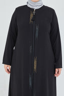 Önü Çift Patlı Taş Detaylı Büyük Beden Ferace Siyah | 206611