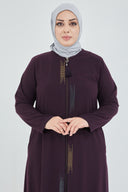 Önü Çift Patlı Taş Detaylı Büyük Beden Ferace Mürdüm | 2066188