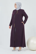 Önü Çift Patlı Taş Detaylı Büyük Beden Ferace Mürdüm | 2066188