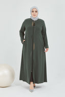 Önü Çift Patlı Taş Detaylı Büyük Beden Ferace Haki | 2066199