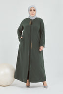 Önü Çift Patlı Taş Detaylı Büyük Beden Ferace Haki | 2066199