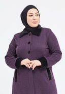 Yakası ve Bilekleri Kürklü Düğmeli Kışlık Ferace Mürdüm Dizaltı | 2039 KK-8 - MODALALE