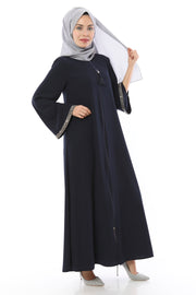 Abaya avec Pierres Rayées sur les Manches Marine | 2024-1-5