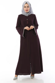 Abaya avec Pierres Rayées sur les Manches Prune | 2024-1-8