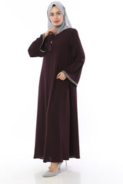 Abaya avec Pierres Rayées sur les Manches Prune | 2024-1-8