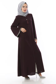 Abaya avec Pierres Rayées sur les Manches Prune | 2024-1-8