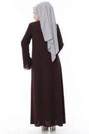 Abaya avec Pierres Rayées sur les Manches Prune | 2024-1-8