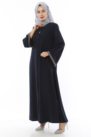 Abaya avec Pierres Rayées sur les Manches Marine | 2024-1-5