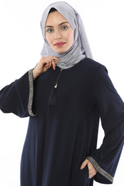 Abaya avec Pierres Rayées sur les Manches Marine | 2024-1-5