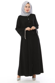 Abaya avec pierres rayées sur les manches Noir | 2024-1-1