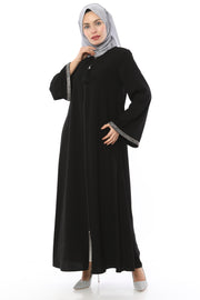 Abaya avec pierres rayées sur les manches Noir | 2024-1-1