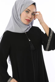 عباية بأحجار على الأكمام أسود | 2024-1-1